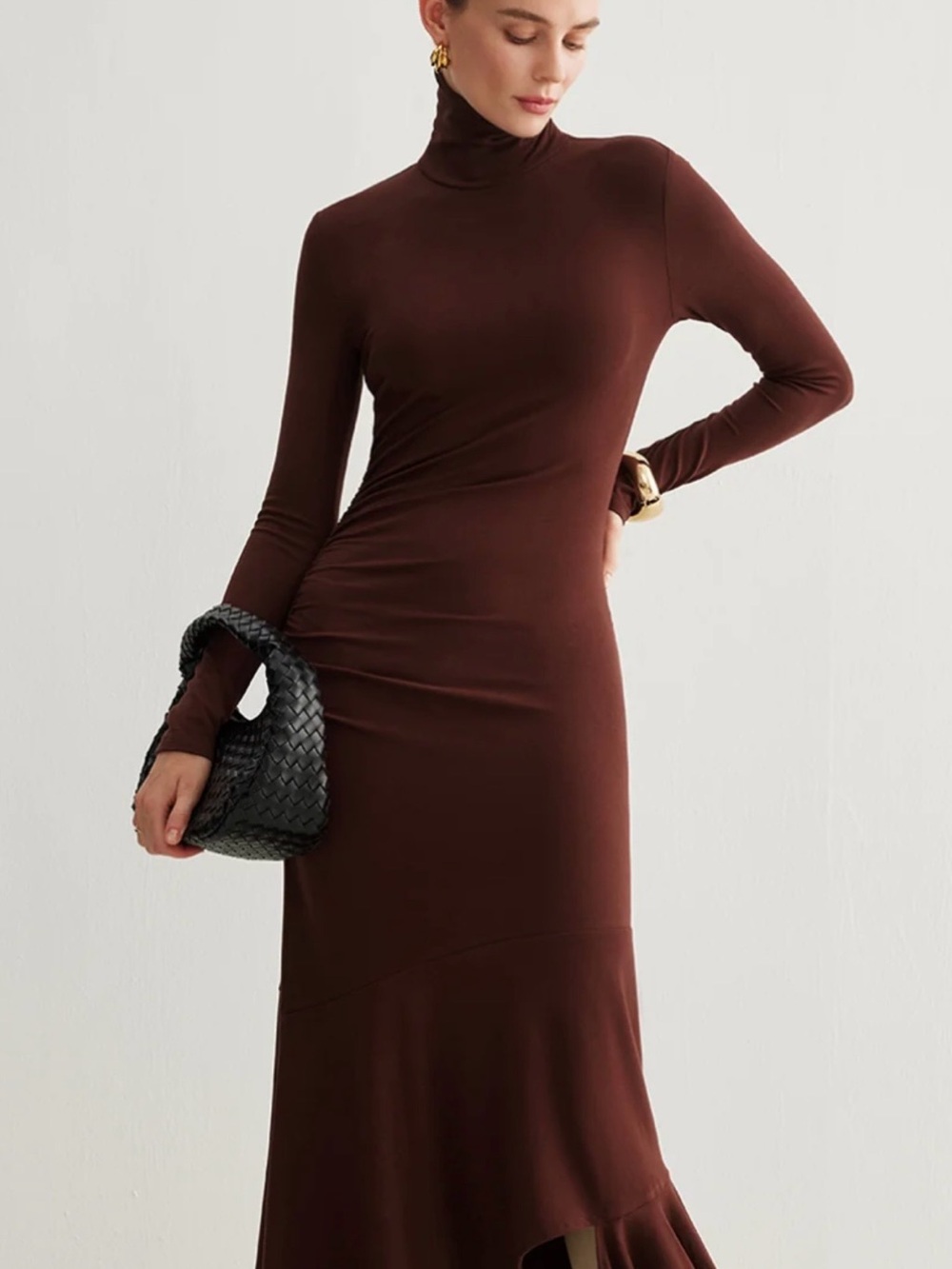 COMMENSE Burgundy Turtleneck Long Pleated Maxi Dress Size S NWT